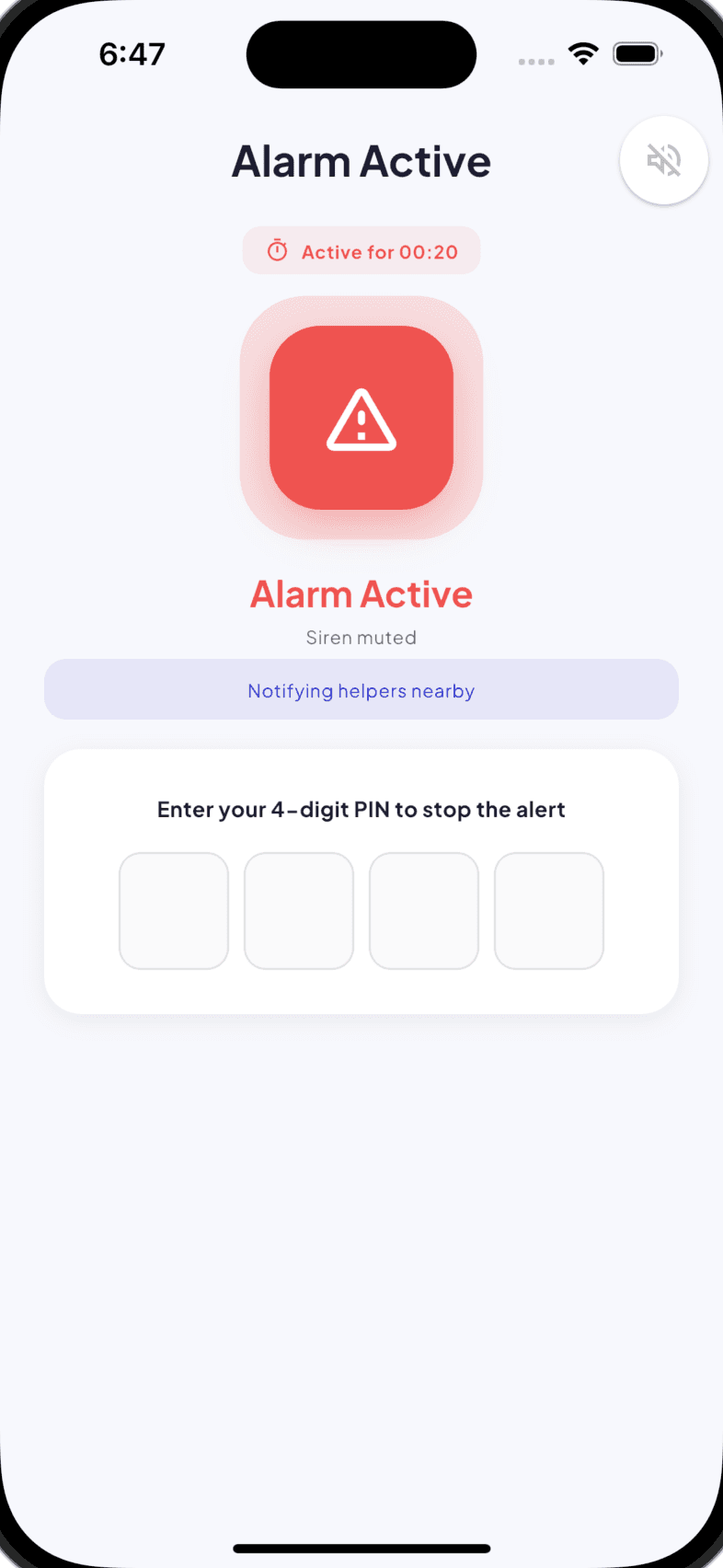 Alarm Active screen: a red alert icon, an elapsed timer, a notice that helpers nearby are being notified, and a four-digit PIN entry to stop the alert.