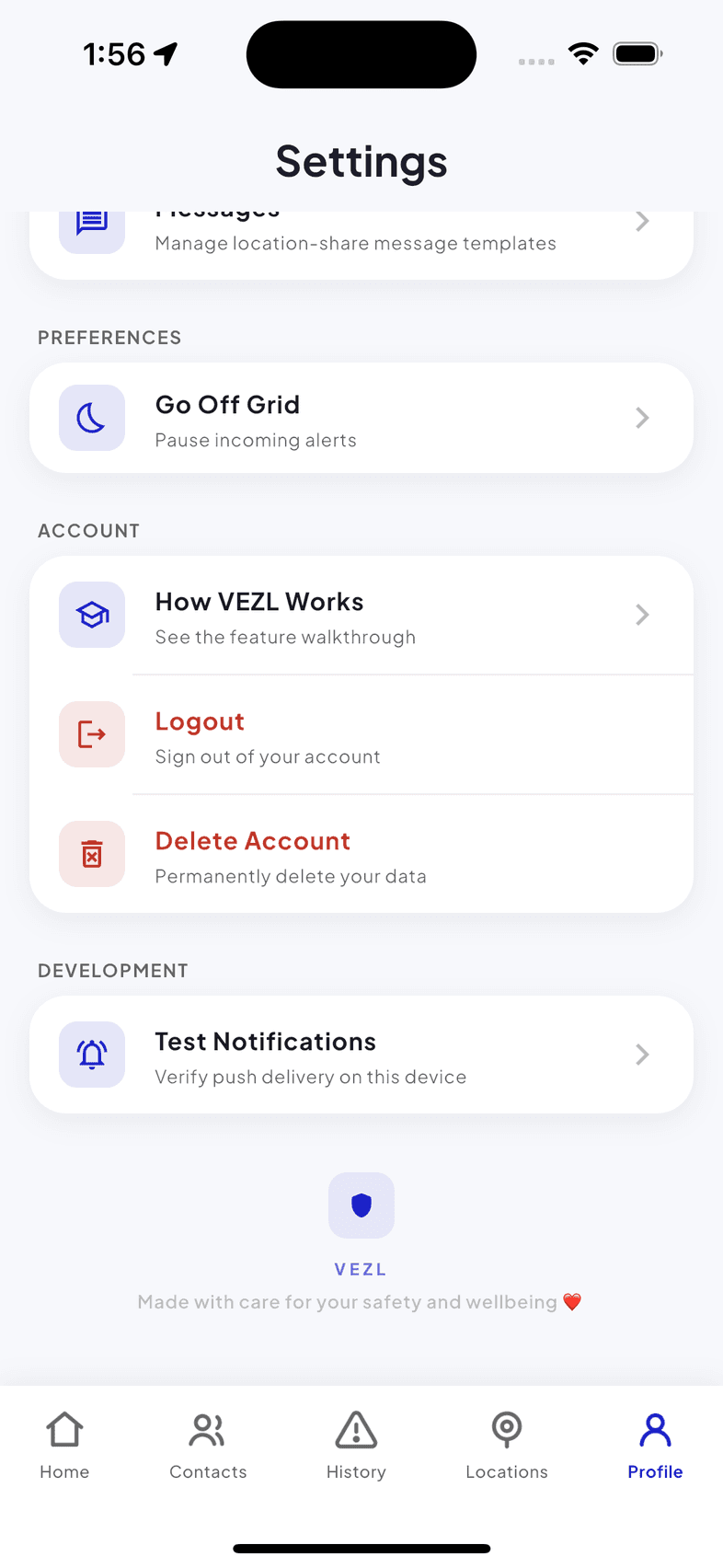 The VEZL Settings screen, scrolled to the Account section, with Delete Account below Logout.